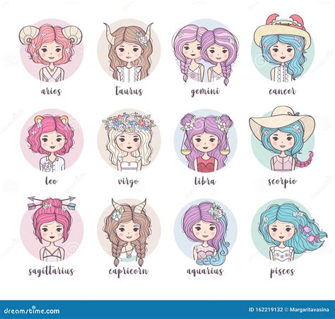 Set Of Cute Zodiac Girls Stock Illustration Illustration Of Aquarius