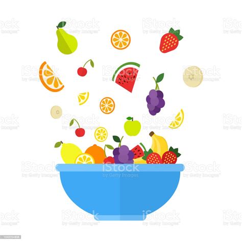 Fruits And Berries Are Falling In Big Blue Bowl Fresh Fruit Salad