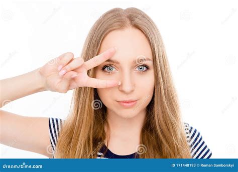 Cute Girl Gesturing With Two Fingers Near Her Eye Stock Image Image Of Eyesight Creative
