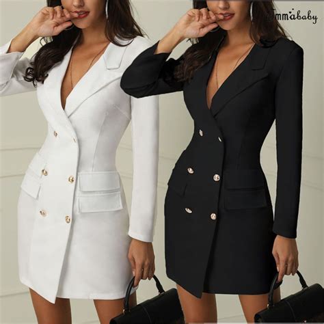 Elegant Dresses Women Dress Office Casual Blazer White Black Dress 2019