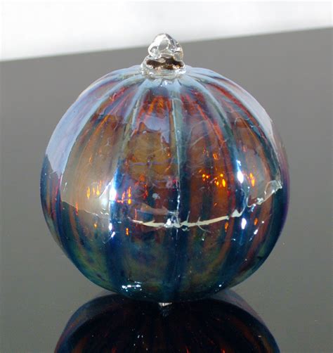 Hand Blown Glass Ornament Blue Mirror Golden By Localartglasspdx