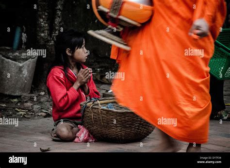 Luang Prabang Laos A Young Girl Begs For Food While Buddhist Monks And Novices In Their