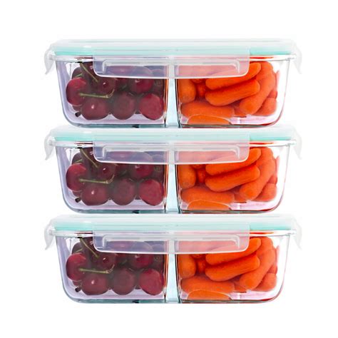 3 Pack 2 Divider Compartment Glass Meal Prep Container With Snap