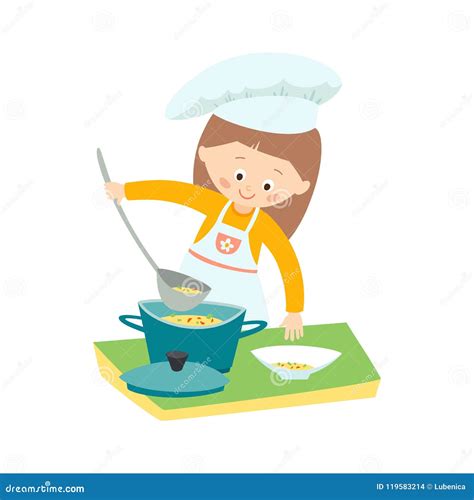 Little Girl Cooking A Soup Little Chef Vector Hand Drawn Eps 10 Clip