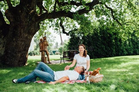 Happy Couple Having Picnic Together Outside Stock Image Image Of