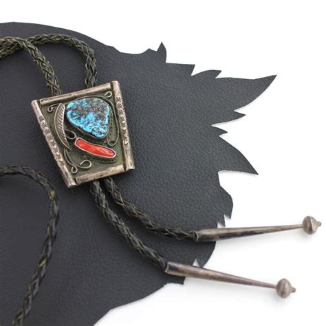 Turquoise Coral And Silver Western Bolo Tie On Black Leather Cord Etsy