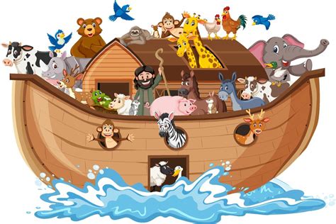 Animals On Noahs Ark With Sea Wave Isolated On White Background