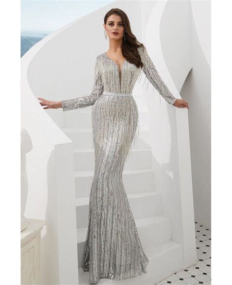 extravagant sparkle silver long prom dress with beading tassels f024