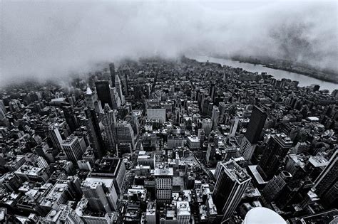 Old Style New York Manhattan Cityscape Aerial View On Foggy Day Stock