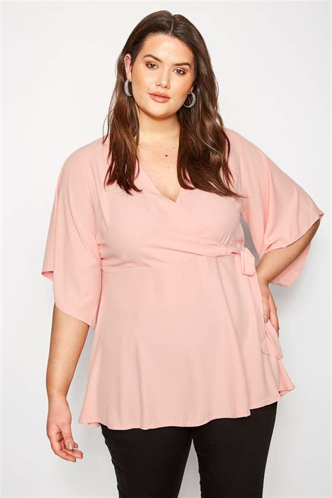 Yours London Plus Size Light Pink Wrap Blouse With Kimono Sleeves Sizes 16 To 32 Yours Clothing