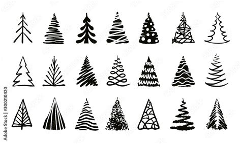 Hand Drawn Doodle Christmas Tree Set Many Group Silhouette Decor Icons