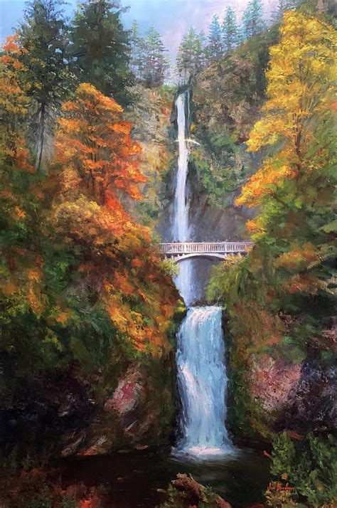 Multnomah Falls In The Fall Painting By Jon Bradham Fine Art America