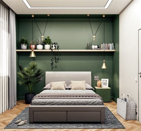 Super bedroom modern gray headboards 67 ideas bedroom. 08) Green Bedroom Ideas - Mount a Floating Shelf Above the ...