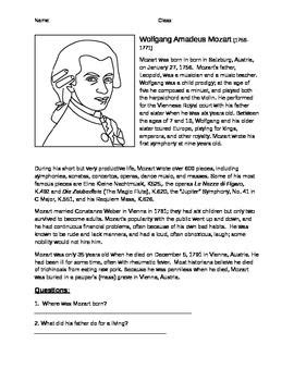 Mozart Information Worksheet Biography Music Theory Worksheets