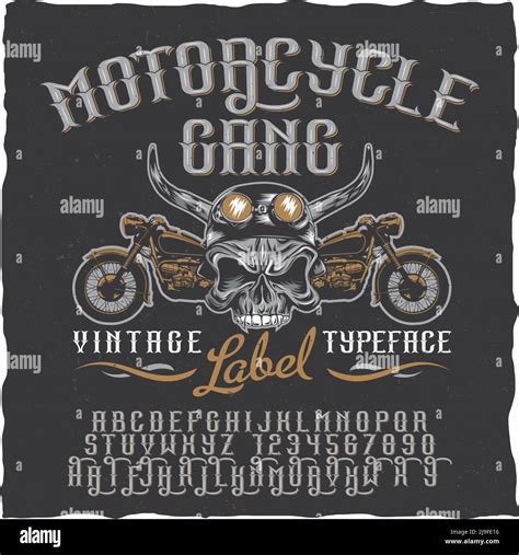 Motorcycle Gang Label Typeface Poster With Skull At Helmet And Bikes