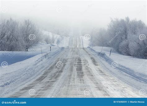 Remote Frozen Road In Fog In Winter Stock Image Image Of Road