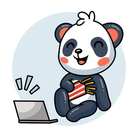 Desenho De Panda Fofo Rindo No Laptop Com Batata Frita 8948270 Vetor No