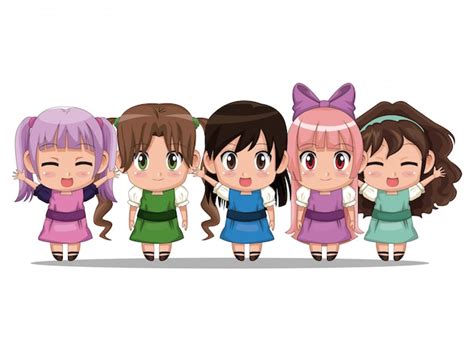 Premium Vector Colorful Set Five Full Body Cute Anime Teenagers Girls