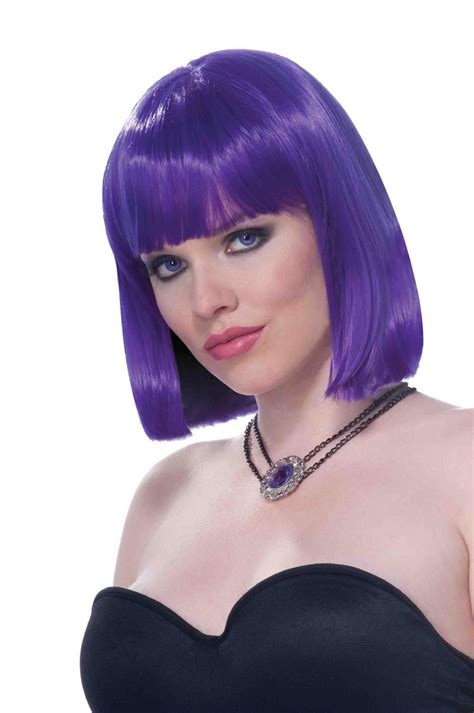Medium Length Sleek Neon Purple Adult Costume Wig With Bangs With