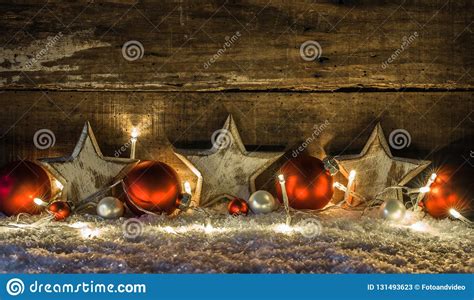 Traditional Christmas Decoration With Star Shapes Baubles And Festive