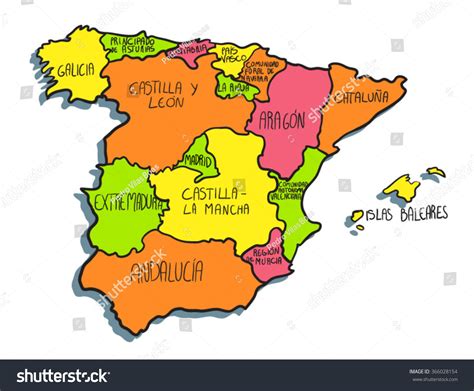 Colorful Cartoon Spain Map Stock Vector 366028154 Shutterstock