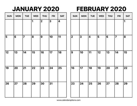 January And February 2020 Calendar Calendar Options