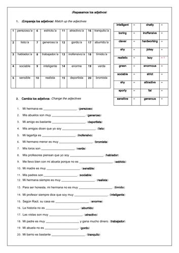 Spanish Ks3 Gcse Adjectives Agreement Revision And Practice Worksheet Teaching Resources