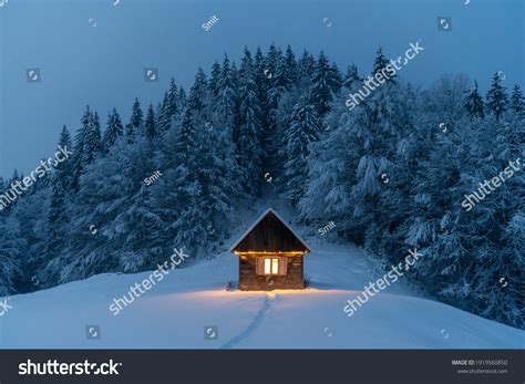 Fantastic Winter Landscape Glowing Wooden Cabin Stock Photo 1919560850