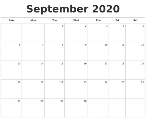 September 2020 Blank Monthly Calendar