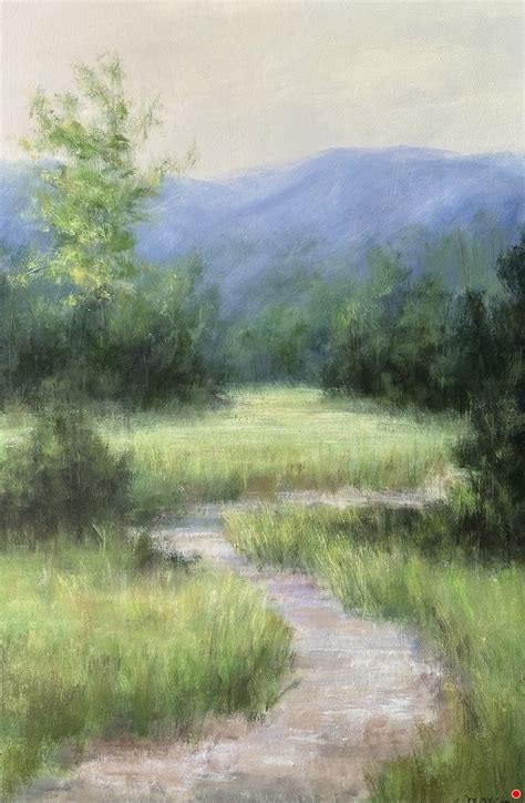 An Oil Painting Of A Stream Running Through A Grassy Field With