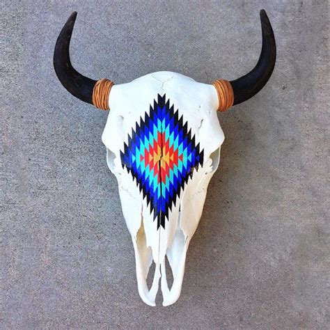 Hand Painted Female Bison Skull From Montana With Leather Horn Wraps