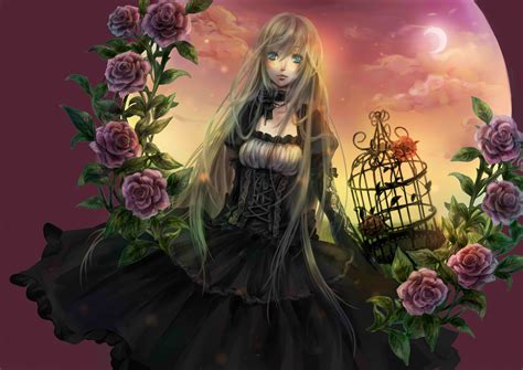 Download Birdcage Rose Flower Fantasy Anime Girl Anime Girl Hd Wallpaper