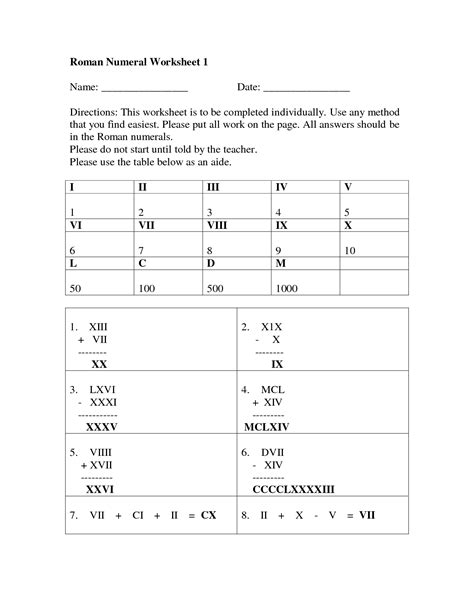 14 Printable Worksheets For Roman Numerals