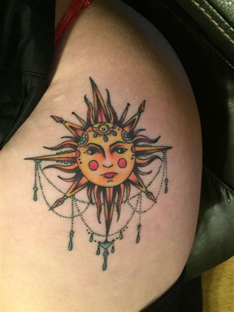 Colorful Bohemian Sun Tattoo Upper Thigh Piece Tat Ideas Sun Tattoo Hippie Sun Tattoo Tattoos