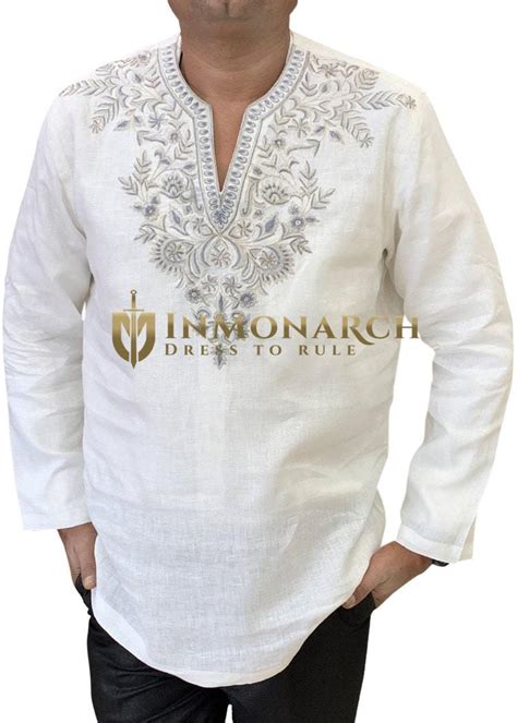 Mens White Tunics In Linen Embroidered At V Neck Inmonarch