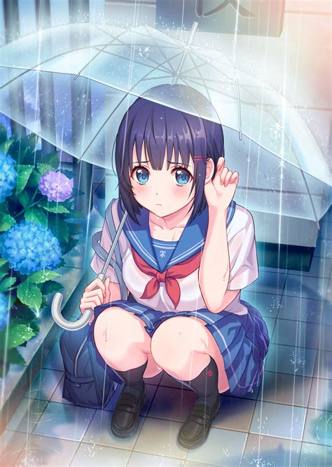 Wallpaper Illustration Anime Girls Blue Eyes Short Hair Rain Purple Hair Umbrella Wet