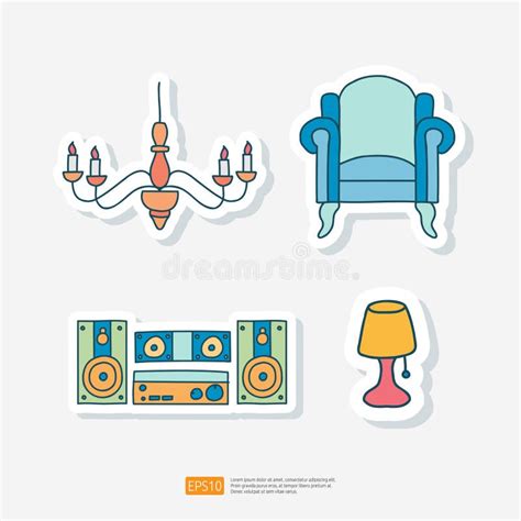 Interior Furniture Set Doodle Home Decoration Sketch Style Icon Stock