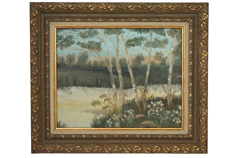 Antique French Country Landscape Painting With Trees And River