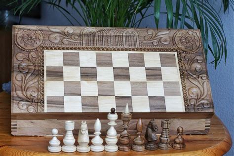 Hand Carved Decorative Chess Large Wood Chess Set 3 In 1 Сhess Etsy