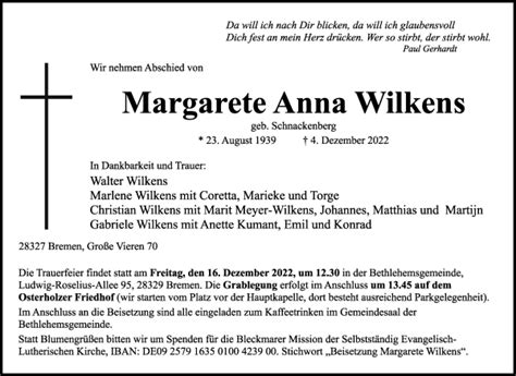 Traueranzeigen Von Margarete Anna Wilkens Trauer Gedenken