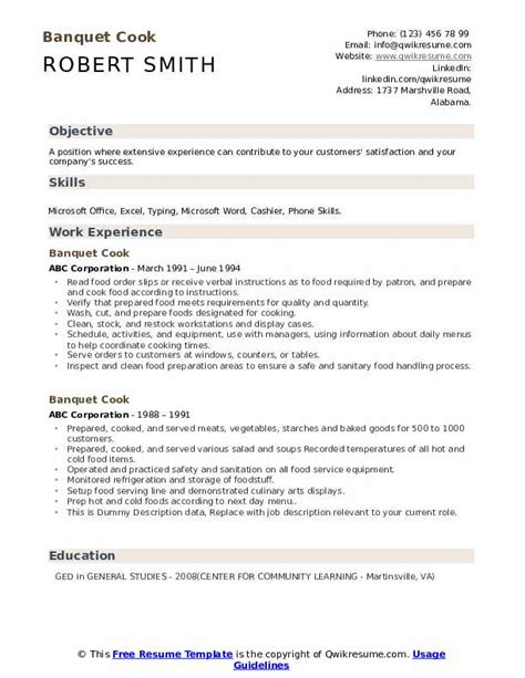 Banquet Cook Resume Samples Qwikresume