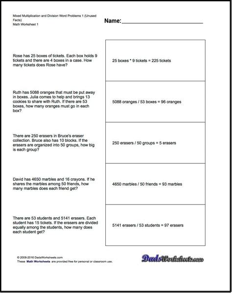 Word problems on multiplying and dividing of large numbers: Addition Subtraction Multiplication Division Words Worksheets | Worksheet Hero