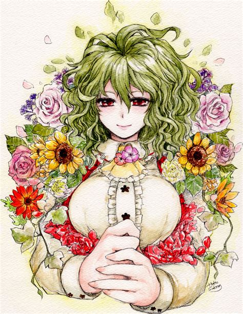 Safebooru 1girl Ascot Breasts Cleavage Female Flower Green Hair
