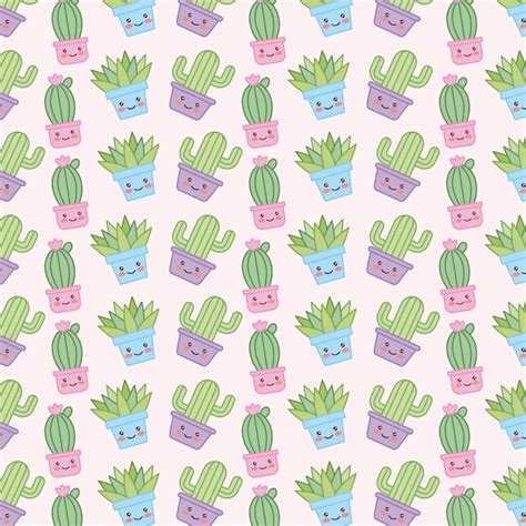 Cactus Kawaii Y Planta En Maceta Fondo Decorativo Vector Premium