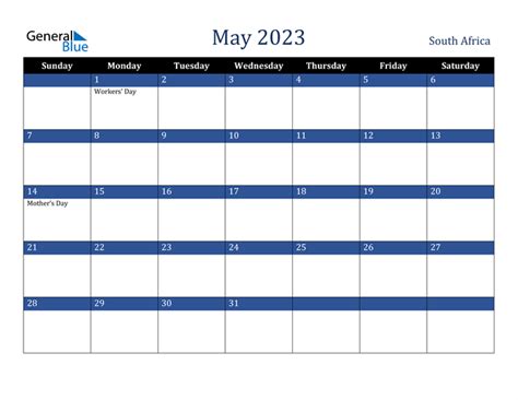 May 2023 Calendar With South Africa Holidays