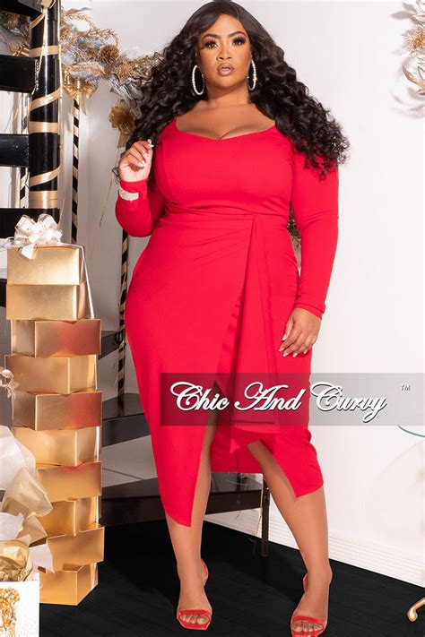 Available Online Only Final Sale Plus Size Bodycon Dress With Wrap Skirt In Red Shopperboard