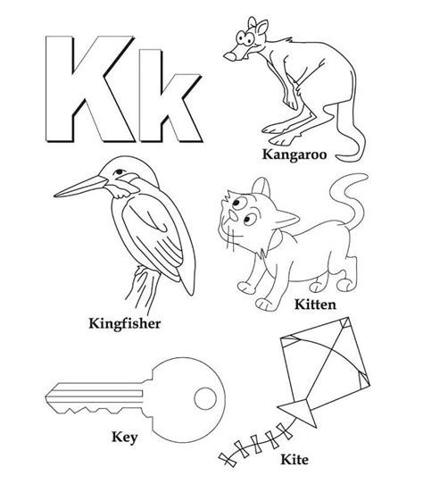 Letter K Key Kite Kitten Kangaroo Coloring Page Free Printable