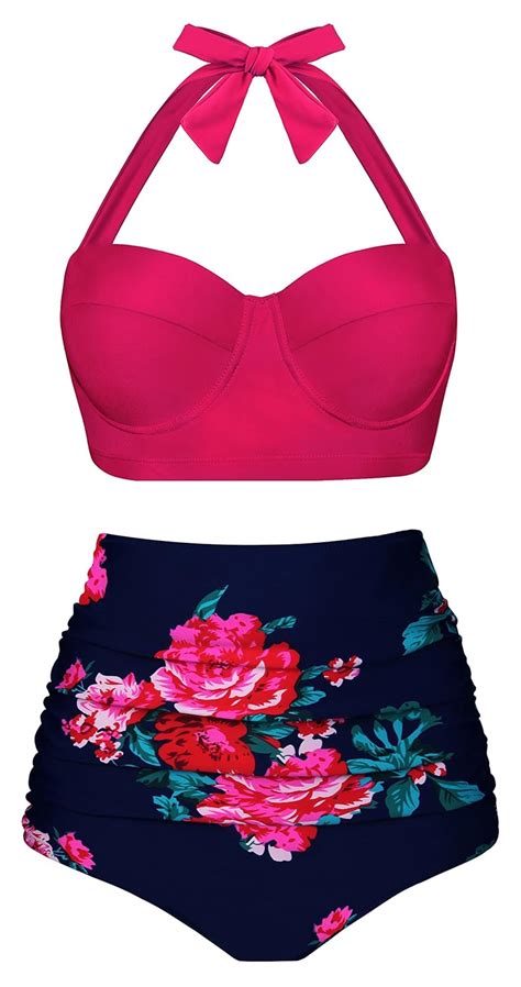 Swiland Women Vintage Swimsuits High Waisted Bikinis Bathing Suits Retro Halter Underwired Top