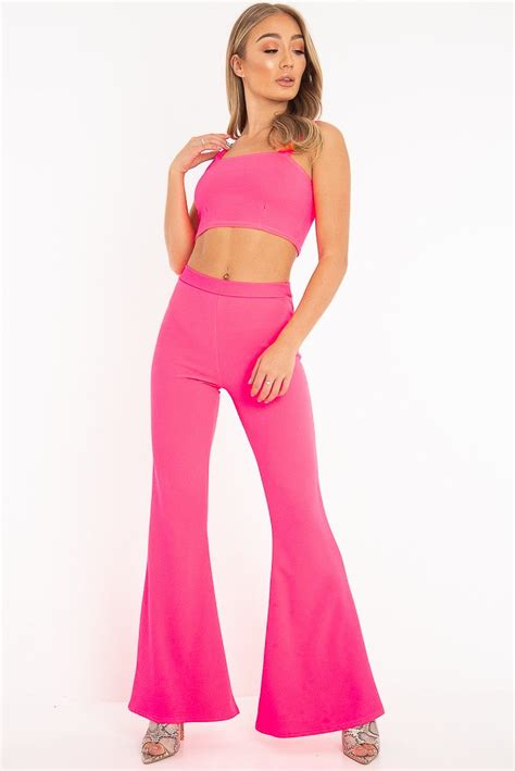 Neon Pink Crop Top And Trousers Co Ord Set Kimmy Rebellious Fashion
