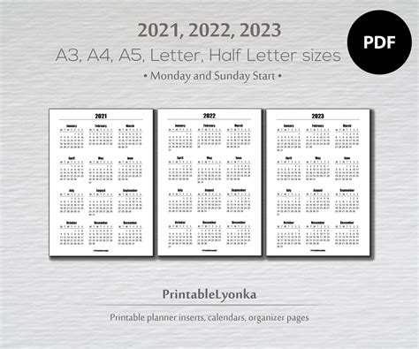 2021 2022 2023 Yearly Calendar Printable Pdf A3 A4 A5 Etsy